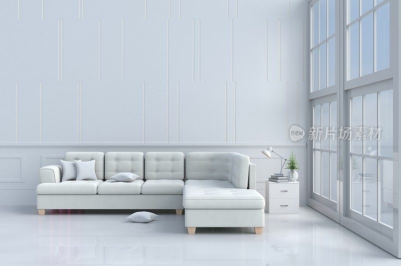 白色的客厅装饰着玻璃花瓶中的树，枕头，白色的沙发，窗户，天空，灯，白色的墙壁是图案，阳光透过窗户射入阴影，白色的地板。3 d渲染。